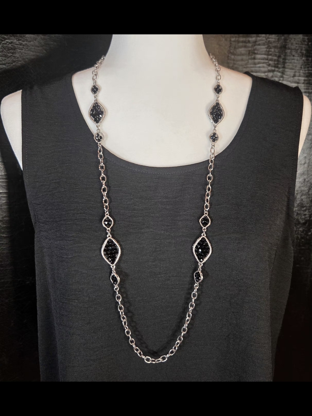 Vintage Stein Mart Silver Black Rhinestone Station Chain Necklace MINT
